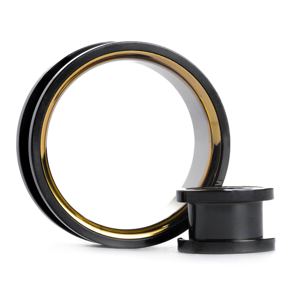 Gold Inlay Black Steel Screwback Tunnel / Plug / Gauge – Custom Plugs